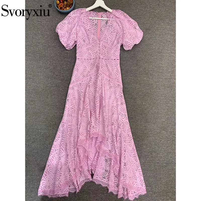 Svoryxiu Designer Zomer Party Roze Kant Lange Jurken Vrouwen Elegante Bladerdeeg Mouw V-hals Asymmetrische Sexy Kanten Jurk 2020 Svoryxiu Designer Zomer Party Roze Kant Lange Jurken Vrouwen Elegante Bladerdeeg Mouw V-hals Asymmetrische Sexy Kanten Jurk 2020