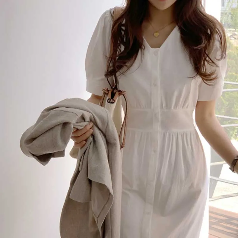 2020 Dress Women French Vintage V-Neck Single-Breasted Waist Dress Korean Elegant Party Plus Size Cotton Linen Dress Vestidos