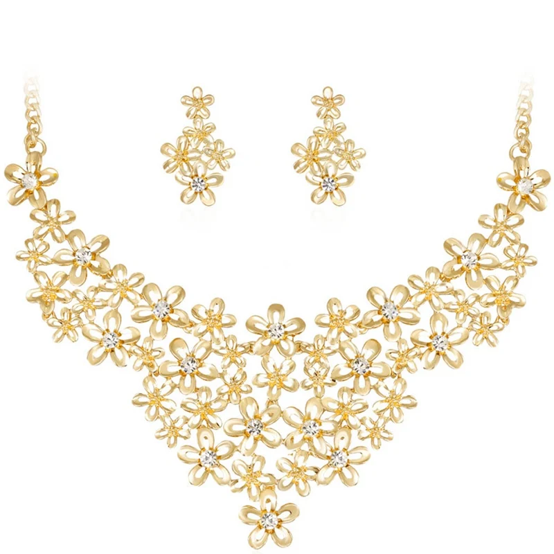 Fashion Classic Gold Color Flower Two-piece Jewelry Set For Women Best Birthday Gift Suit