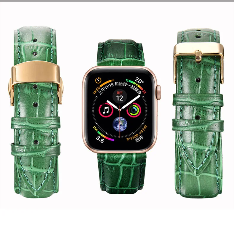 Ремешок из натуральной кожи для Apple Watch 44, 42, 38 мм, зеленый крокодиловый ремешок из воловьей кожи iwatch Series 5, 4, 3, 2, 1, браслет с пряжкой-бабочкой