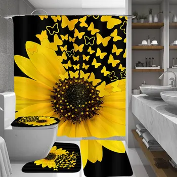 

4PCS/Set Sunflower Butterfly Print Shower Curtain Waterproof Bathroom Curtain Toilet Cover Mat Non-Slip Rug Set Bathtub Decor