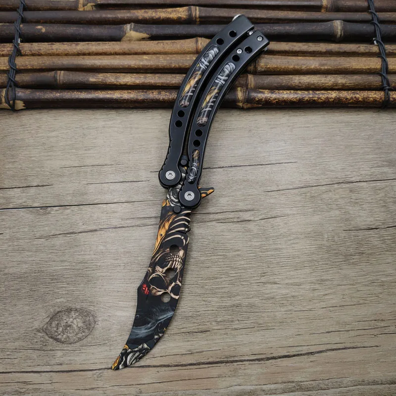 Складной нож с бабочкой Karambit csgo, нож для кожи, тренировочный нож с бабочкой, тренировочный игровой нож, тупое лезвие, инструмент без края - Цвет: 3D Skull