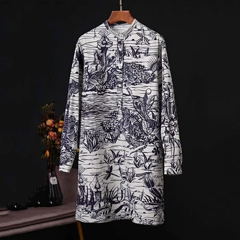 

VERDEJULIAY 2020 Spring New French Fashion High Street Design X-Long Blouse Women Navy Blue Romantic Print Casual Cotton Tops