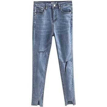 

2019 new fashion women's clothing Jeans spring and autumn hole nine points students high waist stretch slim feet pants