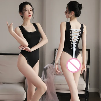 

Sexy women summer lace straps on the back seductive sexy Elastic slim sleeveless jumpsuits black buckle jumpsuit