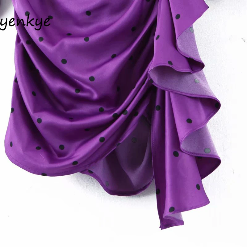 Модное женское винтажное ДРАПИРОВАННОЕ облегающее мини-платье в горошек с пышными рукавами и круглым вырезом фиолетовое летнее сексуальное платье LJPZ9169