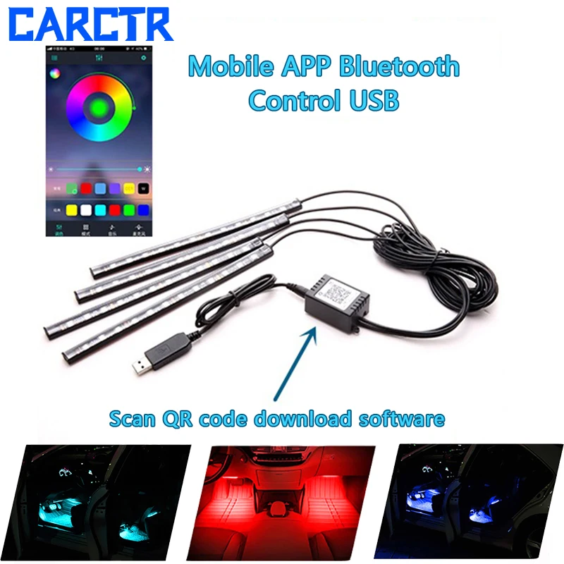 

4*12 Led RGB Car Atmosphere Lamps App/Remote Control Car Interior Light Ambient Light Auto Underfoot Decorative Car Lights