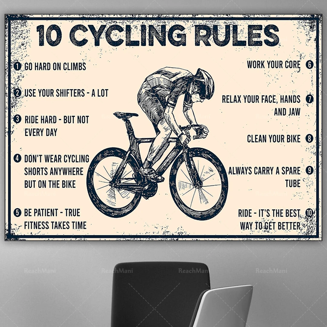 10 bicycle rules retro posters, bicycle enthusiast posters, racing bicycle posters, cycling wall art, home decoration simple calligraphy painting