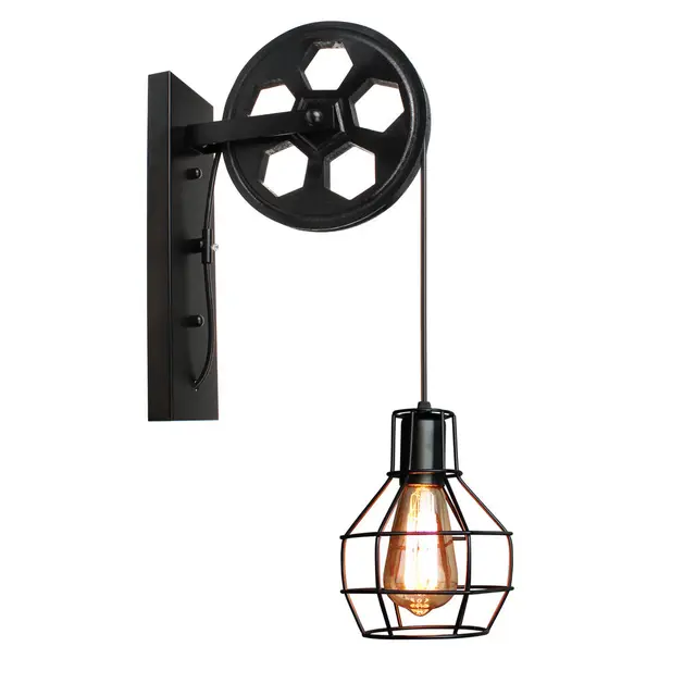 Retro Vintage Wall Light Shade Ceiling Lifting Pulley Industrial Wall Lamp Fixture Iron Loft Cafe Bar Adjustable Sconce Light Black