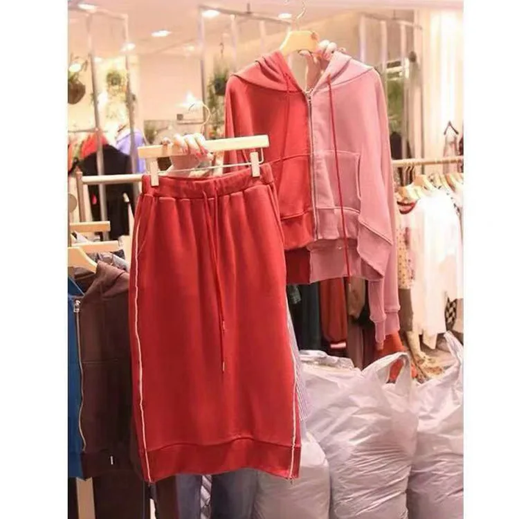 

South Korea Dongdaemun 2018 New Style Dress Two-Piece Set Cool Mixed Colors Hoodie + Skirt Set Fashion