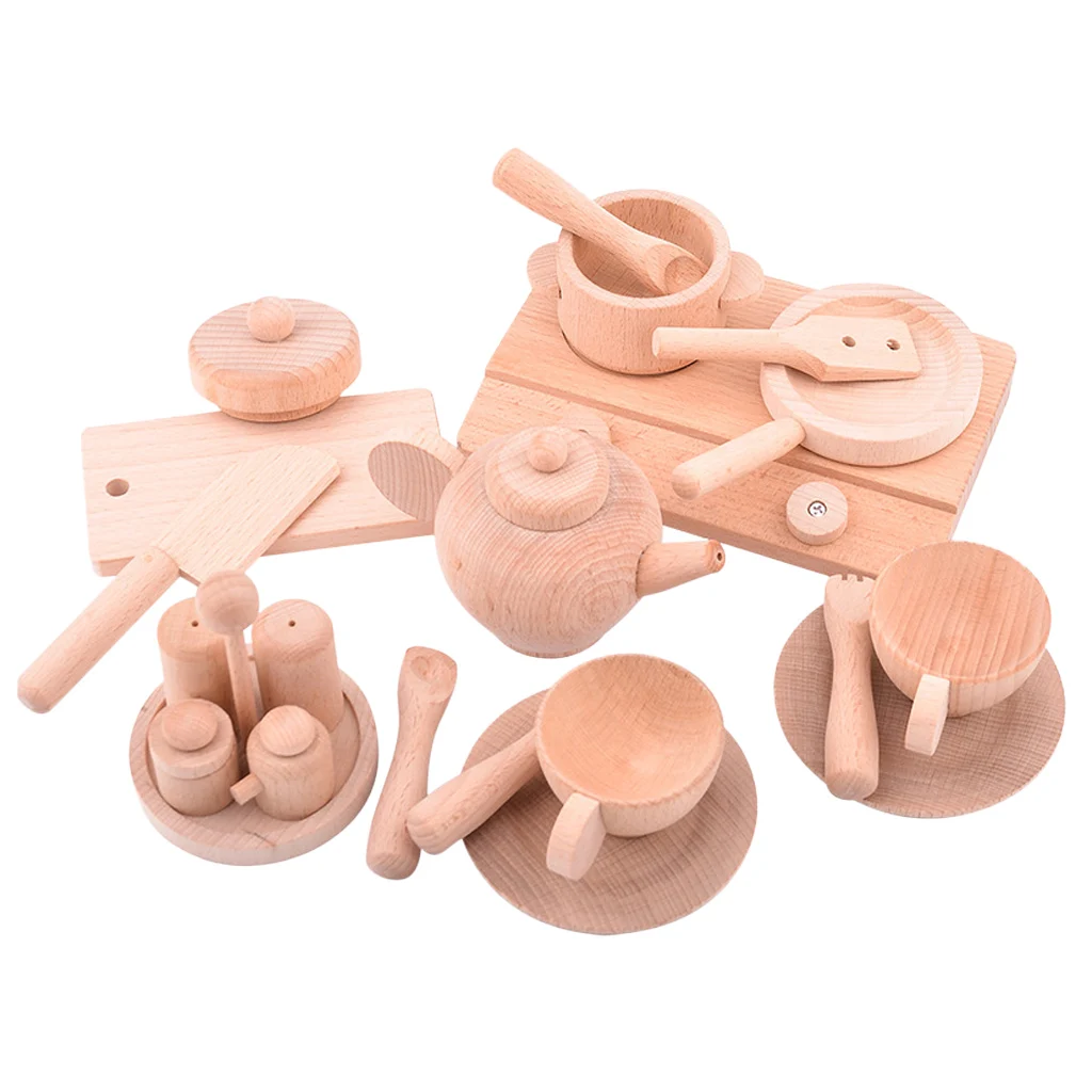  Kids Play Kitchen Accessories Set - Wooden Tea Set (Solid Wood Version) Natural Wood Color 100% Saf - 4000067256378