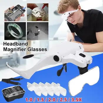

Efficient 1.0X 1.5X 2.0X 2.5X 3.5X Adjustable 5 Len Loupe LED Light Headband Magnifier Glass LED Magnifying Glasses with Lamp