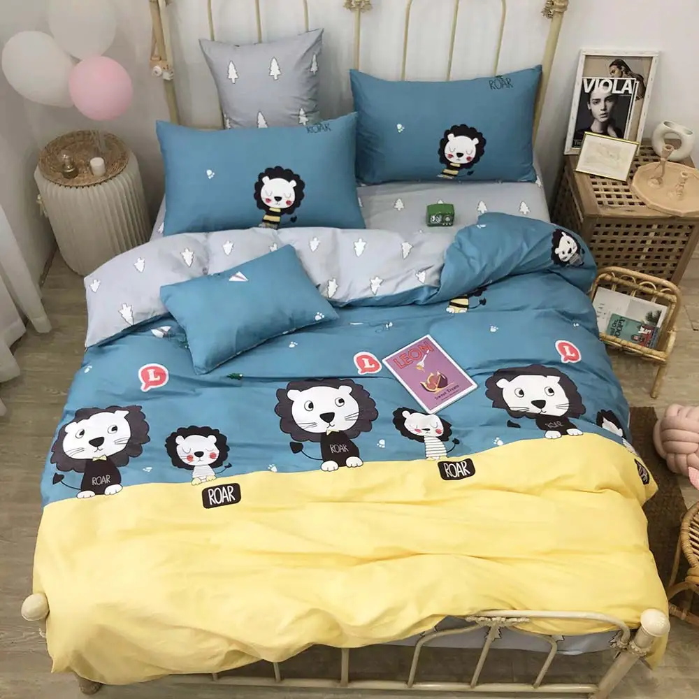 

2019 Cartoon Lions Grey Yellow Duvet Cover Set Kids Children Flat Sheet Cotton Bedlinens Twin Queen Bedding Sets Pillowcases