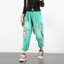 Ковбойские брюки с вышивкой, женские джинсовые шаровары ярких цветов, большие размеры, рваные джинсы с эластичной резинкой на талии, Mezclilla Mujer