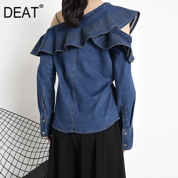 

DEAT 2020 new V-neck full sleeves off one shoulder ruffles sleeves metal button blue denim shirt and white shorts WN55305L