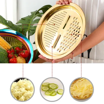 

3 In 1 Round Rice Wash Bowl Drain Basket Carrot Grater Home Stainless Steel Colander Set Fruit Strainer Over Sink Potato Peeler