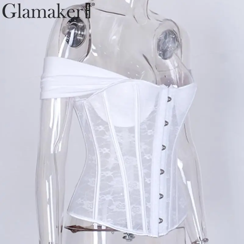 Glamaker Elagant винтажная блузка с открытыми плечами Женская белая блузка на шнуровке с коротким рукавом женские осенние зимние вечерние Клубные сексуальные блузки