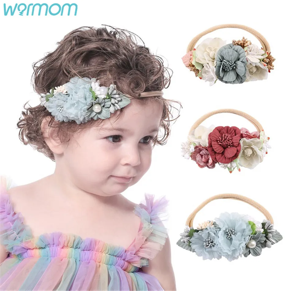 

Warmom Hand-stitched Pearl Flower Baby Girl Headband Super Soft Nylon Stretch Children's Hair Band Newborn Baby Accessories