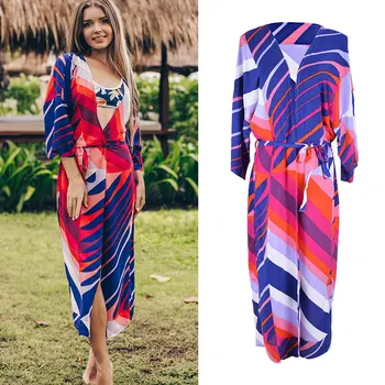 

2020 Bohemian Print Beach Kimono Cover-Up Swimwear With Sashes Holiday Slim Summer Long Cardigan Bikini Outing Sexy Hot