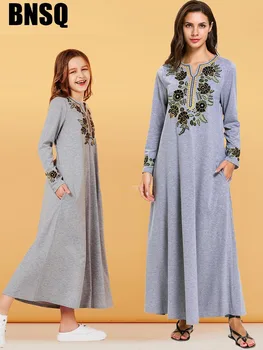 

Casual Girls Abaya Embroidery Maxi Dress Pockets Children's Wear Family Matching Outfits Kimono Long Robes Eid Ramadan Islamic