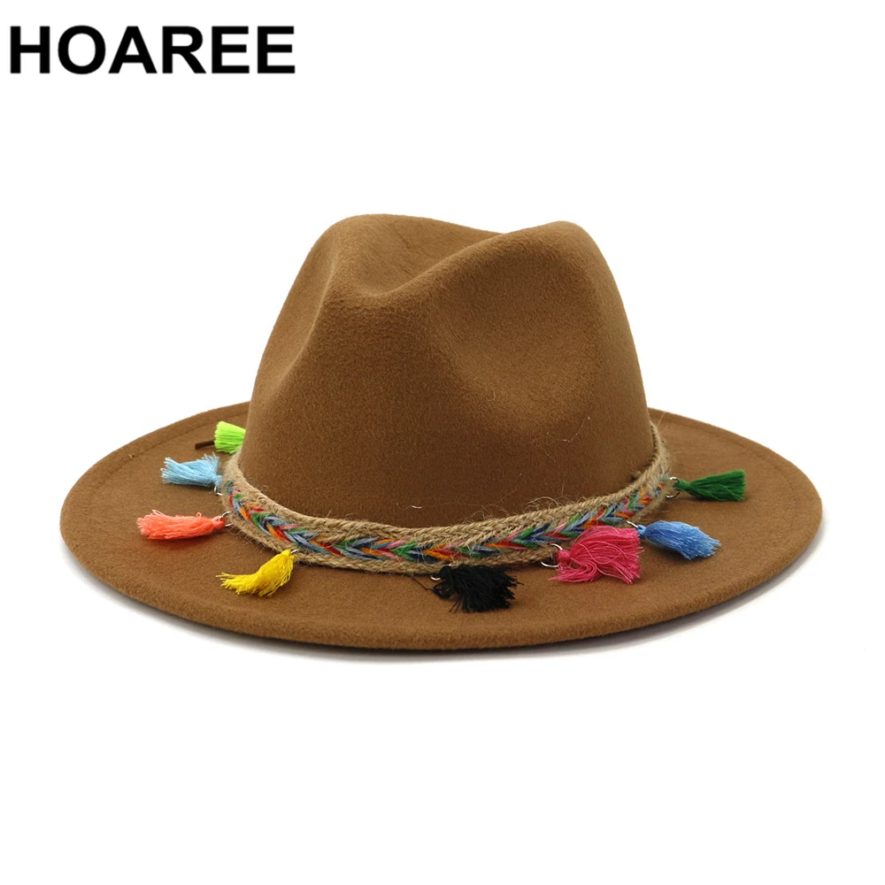 cream fedora hat HOAREE 2022 New Men Women Wide Brim Wool Felt Fedora White Panama Hat Sombrero Jazz Trilby Cap British Style Porkpie Hat brown fedora