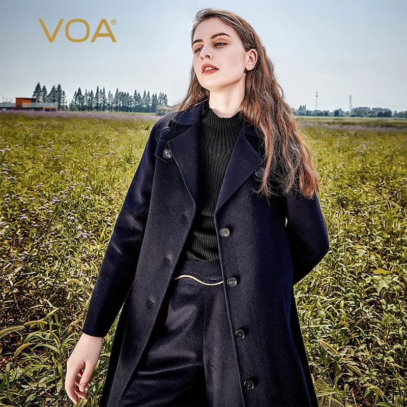 VOA Autumn Winter Women Elegant Office Long Cashmere Coat with Belt Sleeve Split Hem Female Chic Outerwear 2021 S769 | Женская одежда
