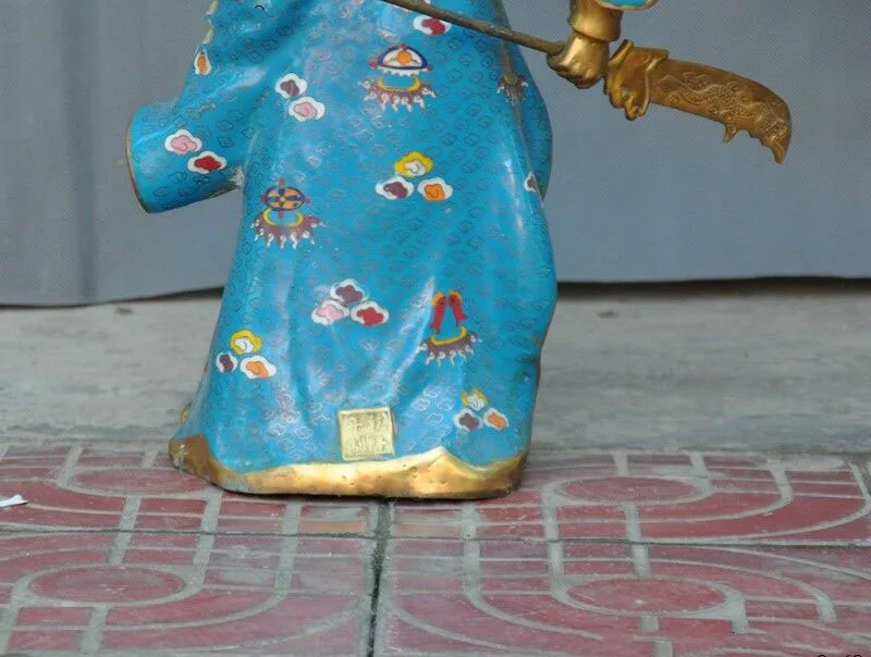 Свадебные украшения бронзовые Перегородчатые Эмаль позолоченный Guan Gong Yu воин Бог Дракон держать нож статуя