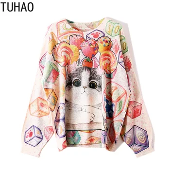 

TUHAO Fall Animal Cat Personality Print Sweater Loose Plus Size Woman Sweater Long Sleeve Casual Knit Pullover Tops Pull T3068