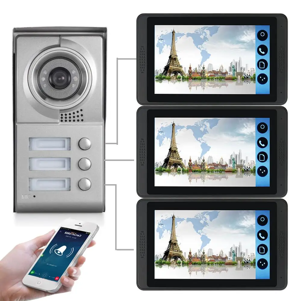 

New Arrival 3 Button 1000TVL HD Camera WIFI Home Security Intercom System Doorbell 7" Video Door Phone for 3-apartments in stock