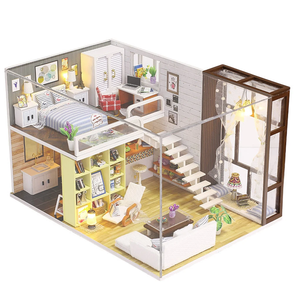 

K-028 Children LED Lights Birthday Gift Wooden DIY Handwork Assembling Toy Kit Miniature Doll House Furniture