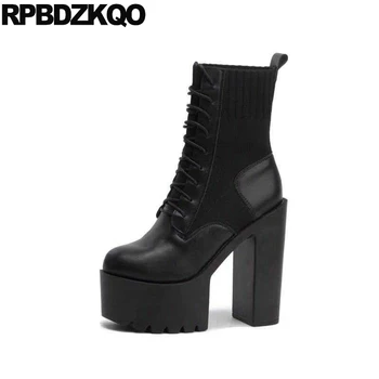

platform fetish new sexy chunky front lace up casual ankle boots autumn extreme shoes knit high heel 15cm black women designer