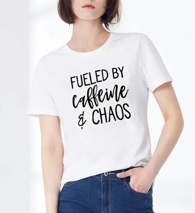Fueled By Caffeine and Chaos летняя футболка с принтом Женская хлопковая Футболка круглым