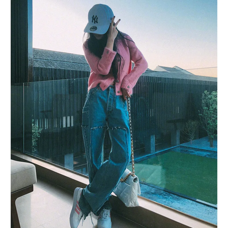 

2019 Autumn Clothing Star Gold Silver Yang Mi Celebrity Style Pink Sweater Cardigan Mohair Cropped Jacket Jeans Set