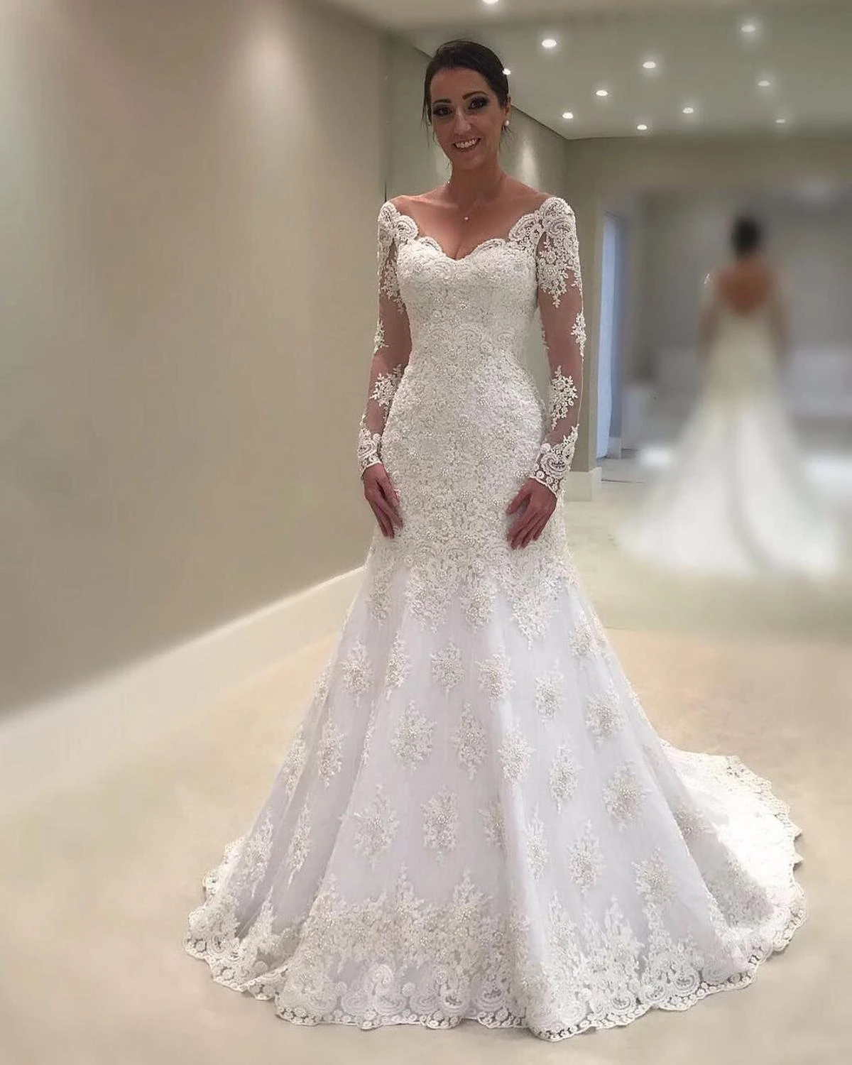 Vestido De Noiva Elegant White/Ivory Lace Mermaid Wedding Dresses 2019 V  Neck Backless Long Sleeve Bridal Wedding Gown for Bride|Wedding Dresses| -  AliExpress