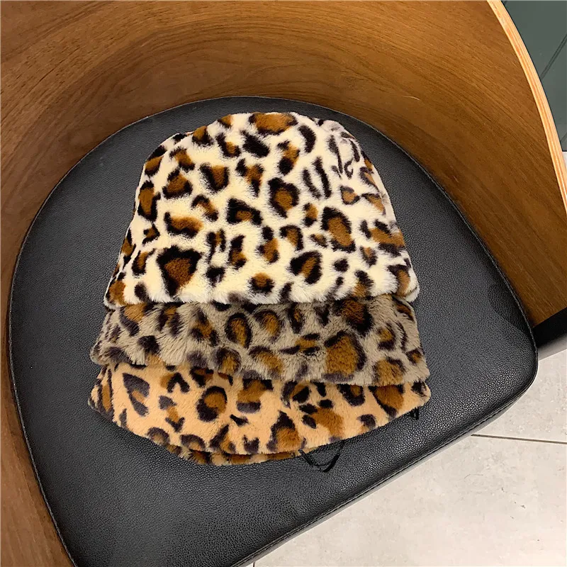 Европейская Женская леопардовая шапка-ведро из искусственного меха с плоским верхом, толстые теплые шапки в рыбацком стиле, модные пушистые шапки на осень и зиму, 56-58 см