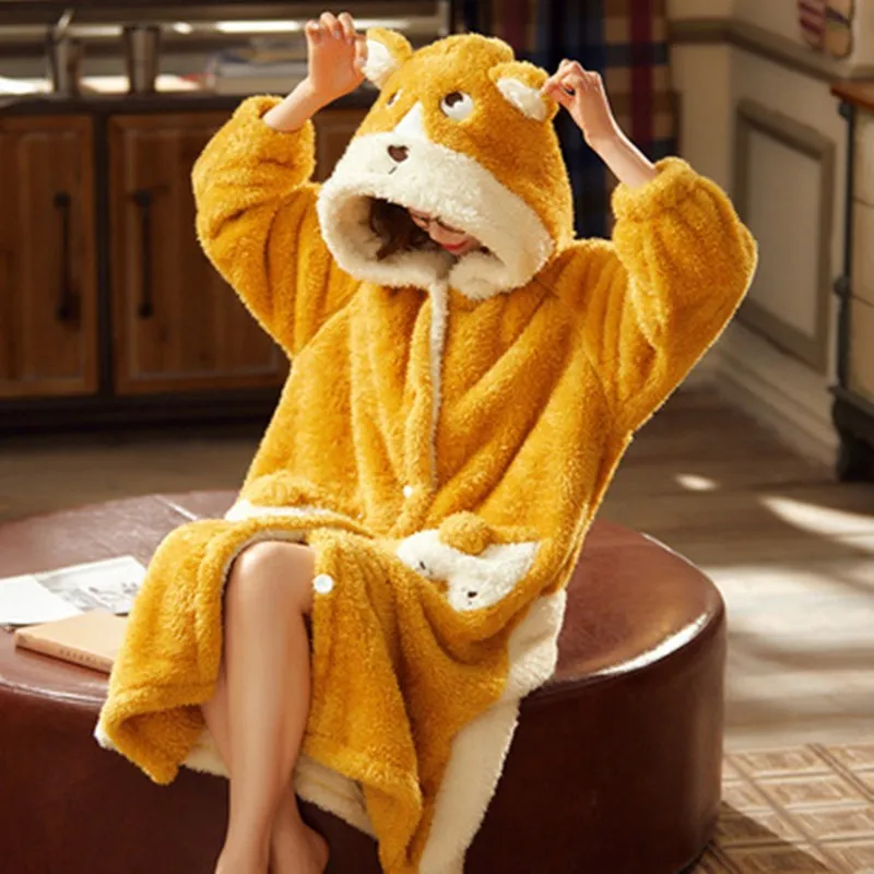 Autumn And Winter Coral Velvet Hooded Pajamas Women'S Thickened Long Wine Red Nightdress Cartoon Girl Flannel Home Clothes  Robe