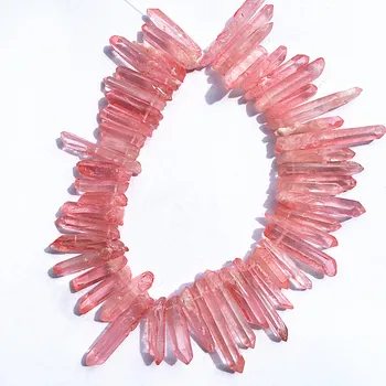 

15 inch Watermelon Red Electroplated Titanium Treated Crystal Quartz Top Drilled Point Beads Raw Crystal Stick Jewelry Making
