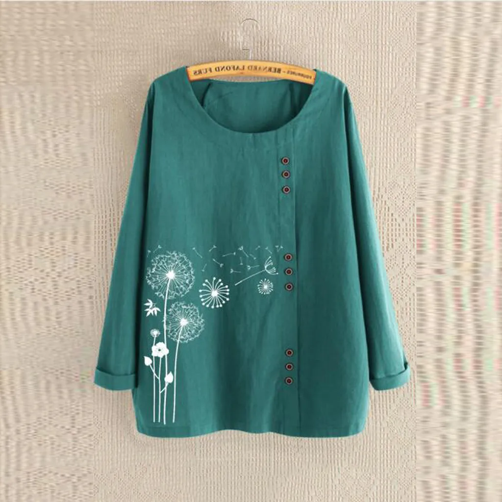 winter fashion Plus Size Women Long Sleeve Cotton Linen O-Neck Print Blouse Top T-Shirt plus size christmas Ropa de mujer