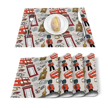 

England London Cartoon Style Placemat Washable Cotton Linen Table Cloth Pad Mat Rectangle Placemats Heat Resistant