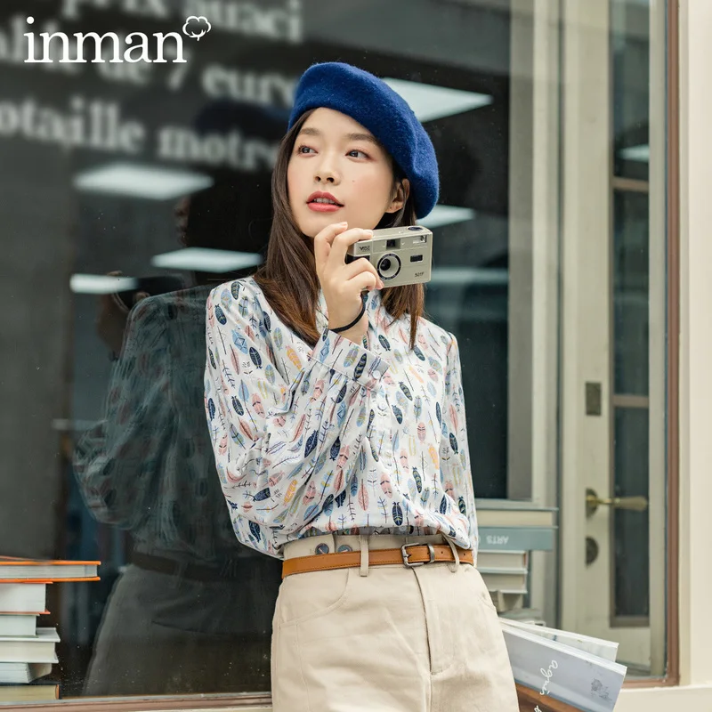 

INMAN 2020 Autumn New Arrival Leaves Print Long Sleeve Lapel Youth Women Blouse