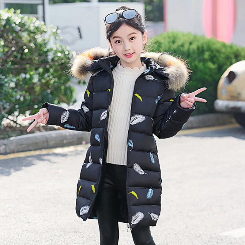 Детские куртки для девочек, зимние пальто с хлопковой подкладкой, Детская верхняя одежда, осенняя теплая куртка с меховым капюшоном для девочек 4, 6, 8, 10, 12, 13 лет - Цвет: Черный