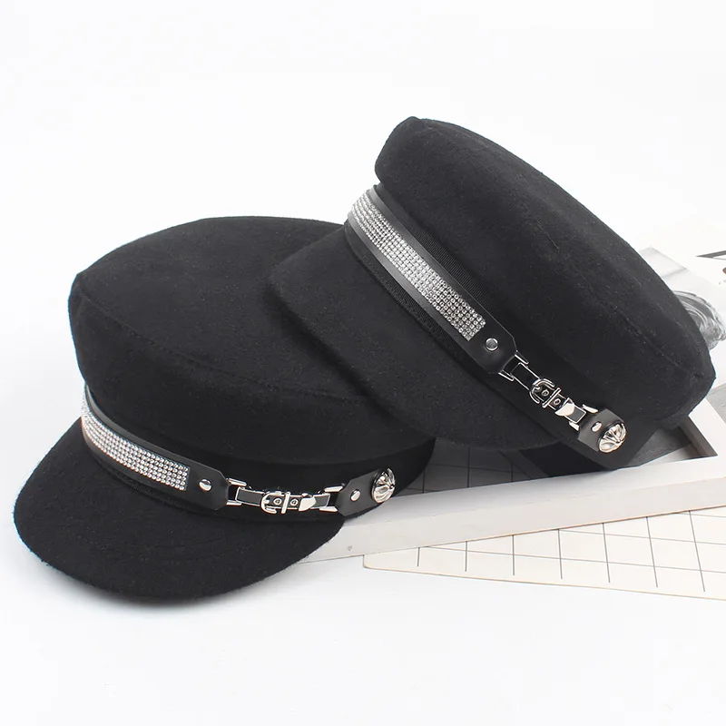

2018 Autumn And Winter Fashion Man-made Diamond Navy Cap Women's Cool Versatile Flat Cap Korean-style England Graceful Brim Hat