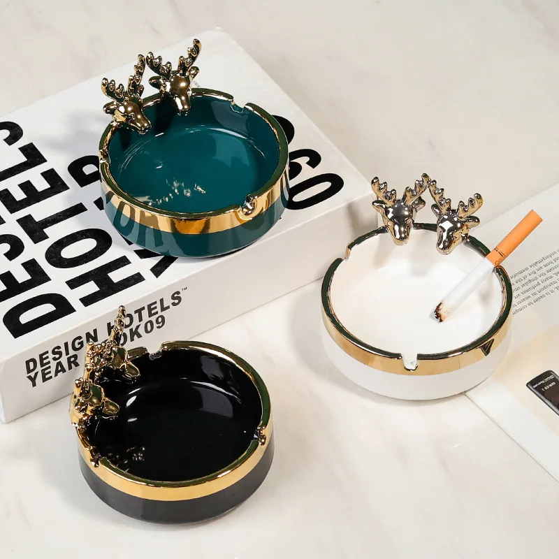 Round Gold-plated Deer Ashtray Cute Animal Ceramic Ashtray Office Living Room Decoration Desktop Storage Box Gift Art Decoration ceramic ashtray