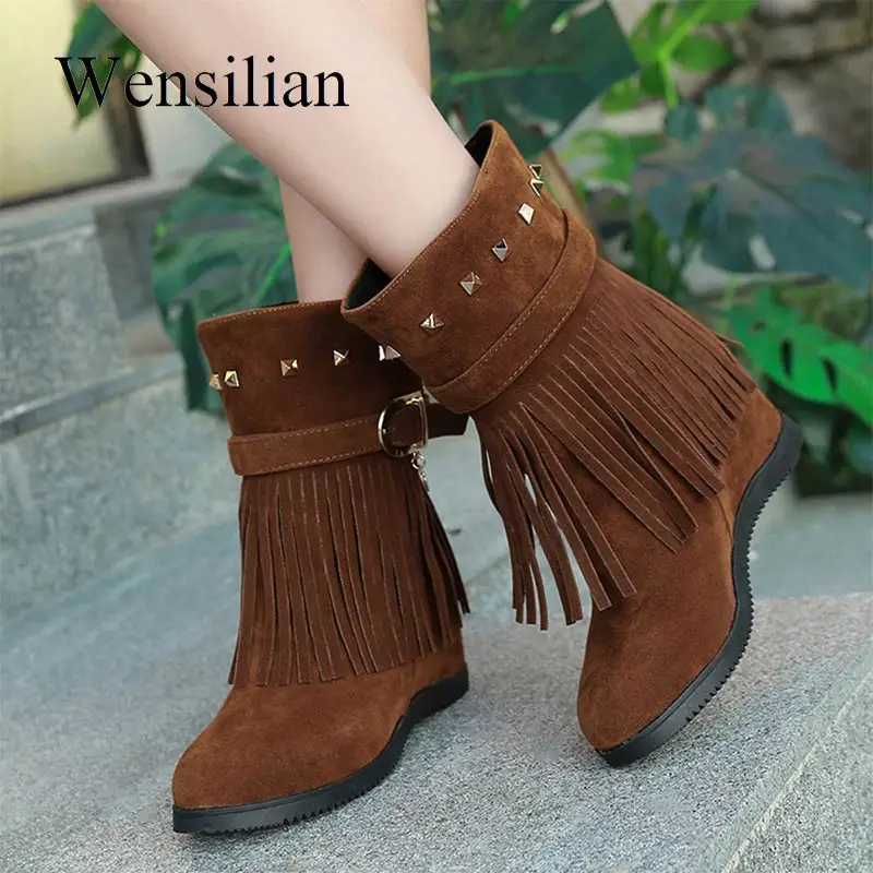 

Autumn Winter Shoes Women Fashion Slip on Ankle Boots Tassel Rivet Platform Shoes Increased Wedge Boots Botines Mujer 2019