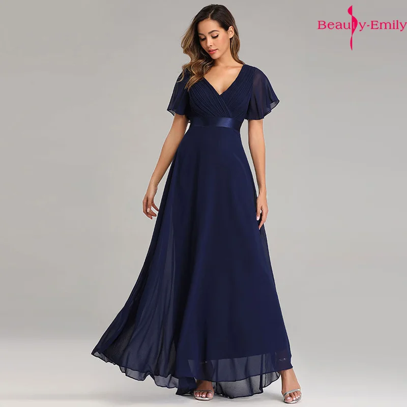 Navy Blue Beauty-Emily вечернее платье с коротким рукавом, элегантное шифоновое вечернее платье с v-образным вырезом и оборками, вечернее платье, платье для вечеринки, Robe De Soiree - Цвет: Navy Blue