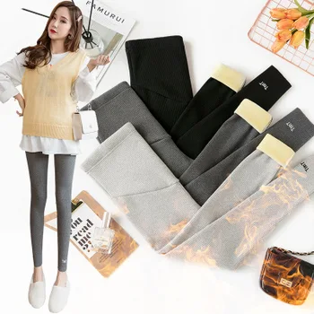 

Explosion models plus velvet thick stripe leggings embroidered letters support belly wear pregnant feet pants stretch trousers