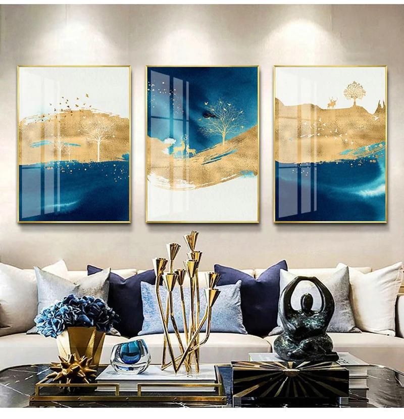 3 шт. абстрактный Золотой олень дерево Пейзаж горы холст Современная большая