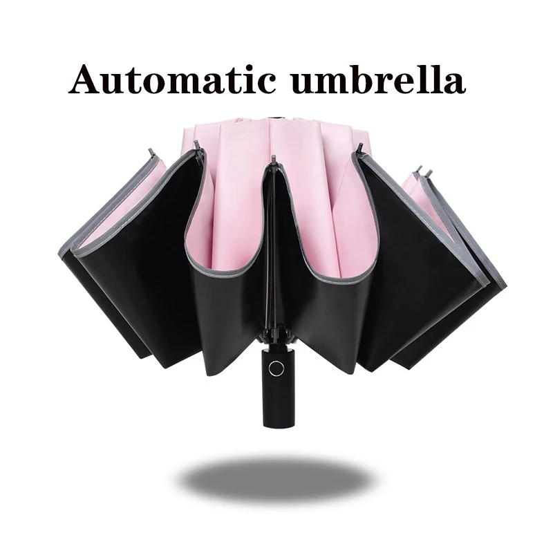 Automatic umbrella HHYUKIMI 10 ребер черный клей перевернутый зонтик Ветрозащитный Анти-УФ Автоматический складной зонтик со светящимися полосками, безопасный в ночное время - Цвет: Automatic umbrella