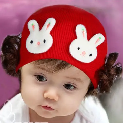 rabbit scarlet Парик принцессы, милые шапочки, сохраняющие тепло, хлопковые шапочки для детей с героями мультфильмов, милая шапка для новорожденных девочек 3-24 месяца, Модная вязаная зимняя одежда - Цвет: rabbit scarlet