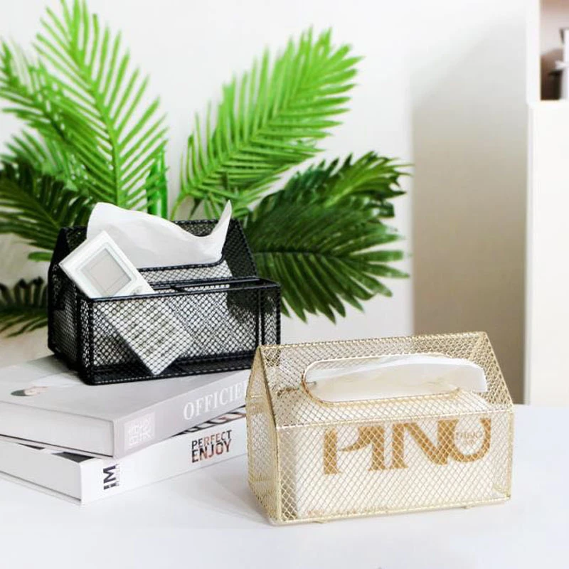 

Creative Hollow Stainless Steel Tissue Box Napkin Holder With A Basket For Phone Remote Control Desktop Organizer Individuality